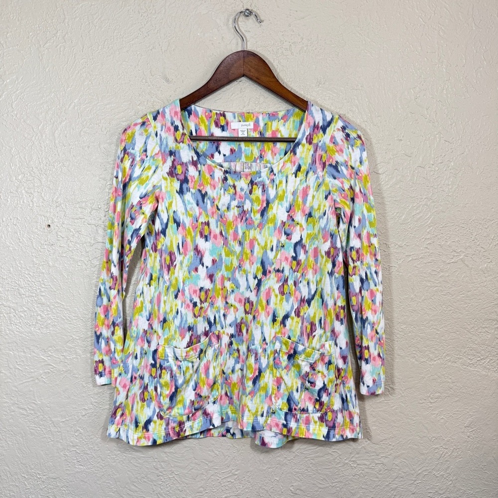 J Jill PureJill Top XSP Tunic Cotton Modal Watercolor Paint Artsy Preppy Spring